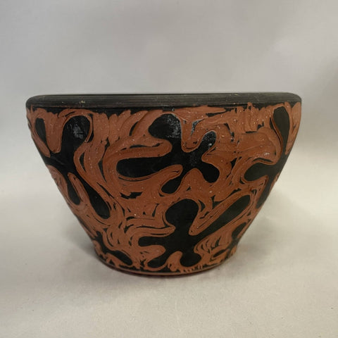 AX - Large terracotta and black carved ceramic planter - Paradise Found Nursery
