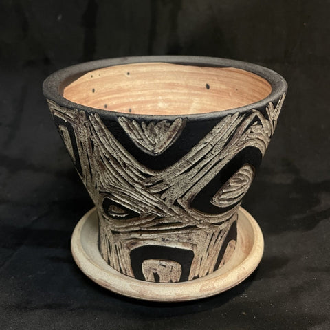 V - Rakuware Ceramic Planter with Drainage Tray